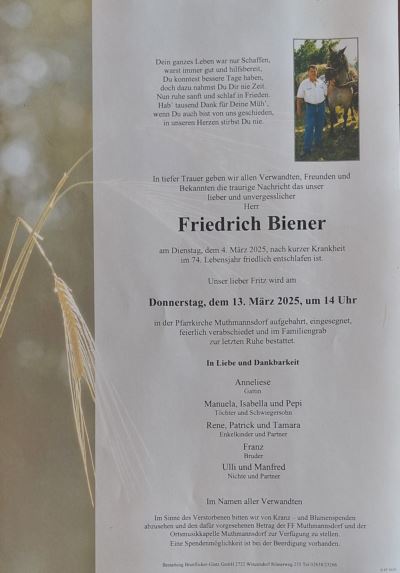 Mehr zu: Friedrich Biener verstorben.